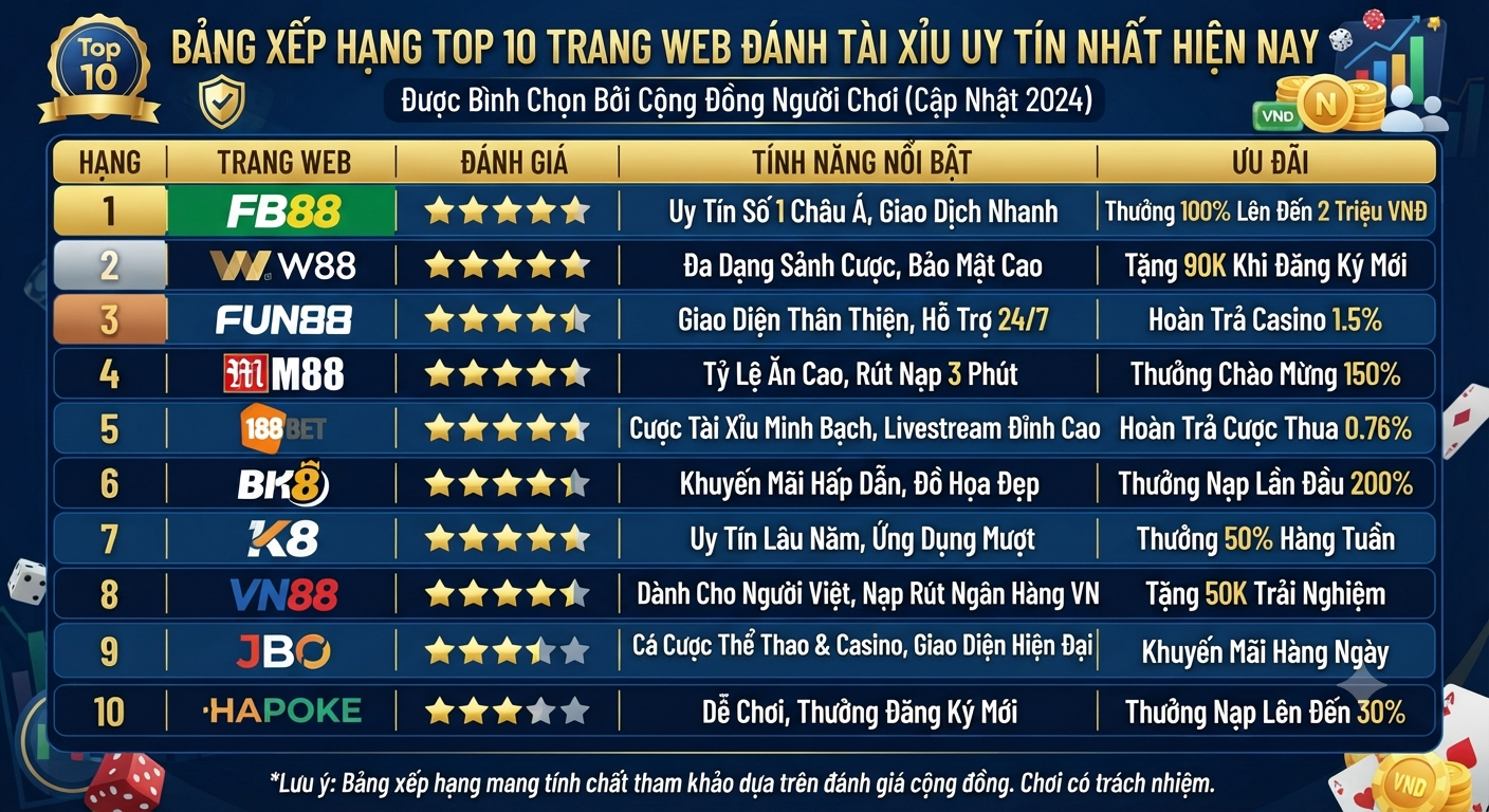 top 10 trang web đánh tài xỉu